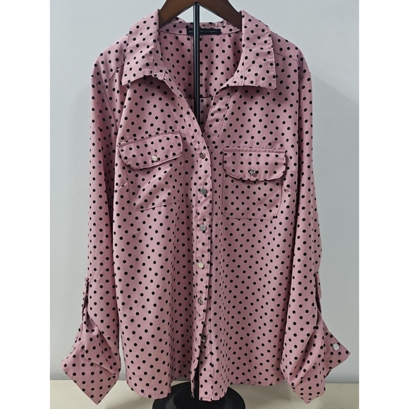 Adrienne Vittadini Button Up Pink Black Polka Dot Top Career Womens Size Large - Picture 1 of 8